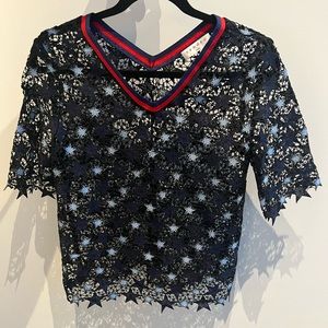 NWOT, Sandro, short sleeve, star embroidered, cut out, blue blouse